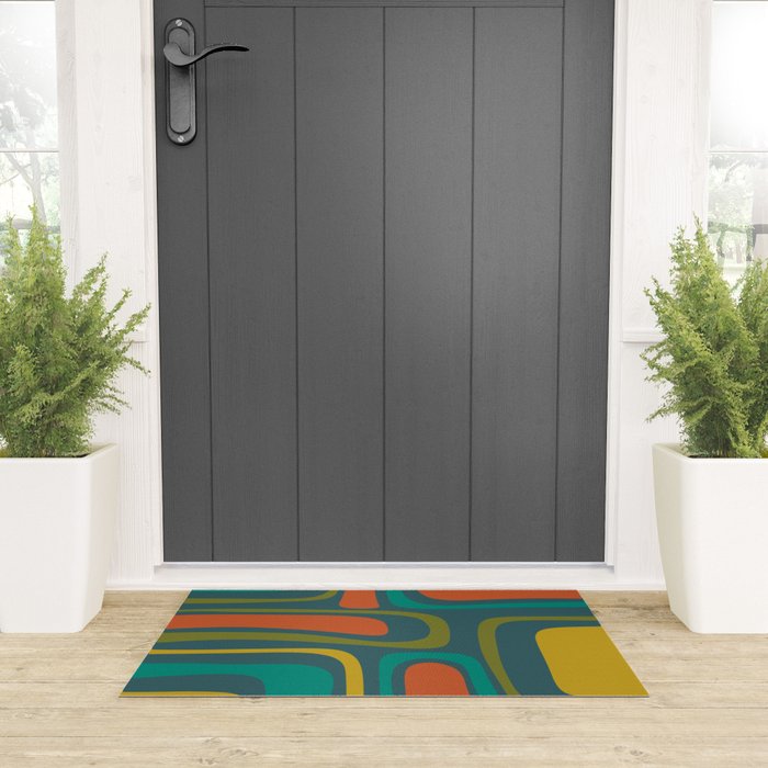 Palm Springs Mid Century Modern Abstract Pattern in Teal and Mid Mod Orange, Olive, Mustard Welcome Mat Gallery Image 3