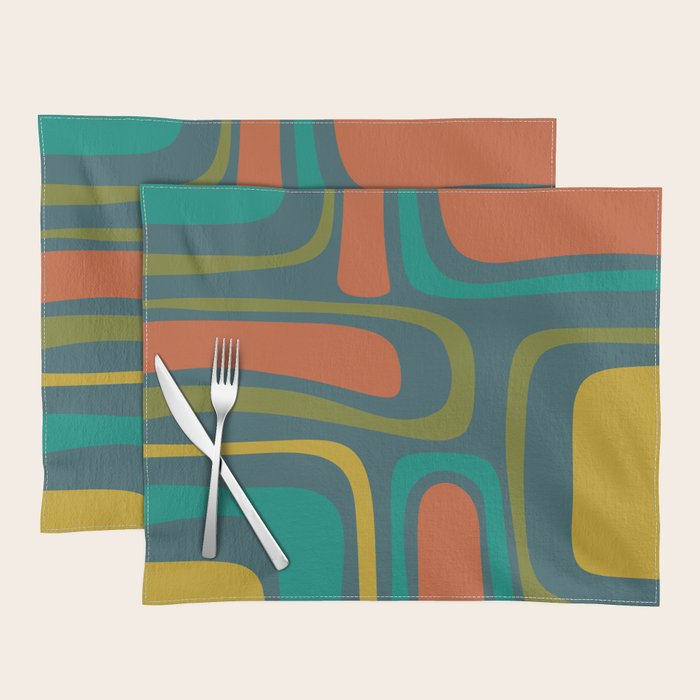 Palm Springs Mid Century Modern Abstract Pattern in Teal and Mid Mod Orange, Olive, Mustard Placemat Gallery Image 1