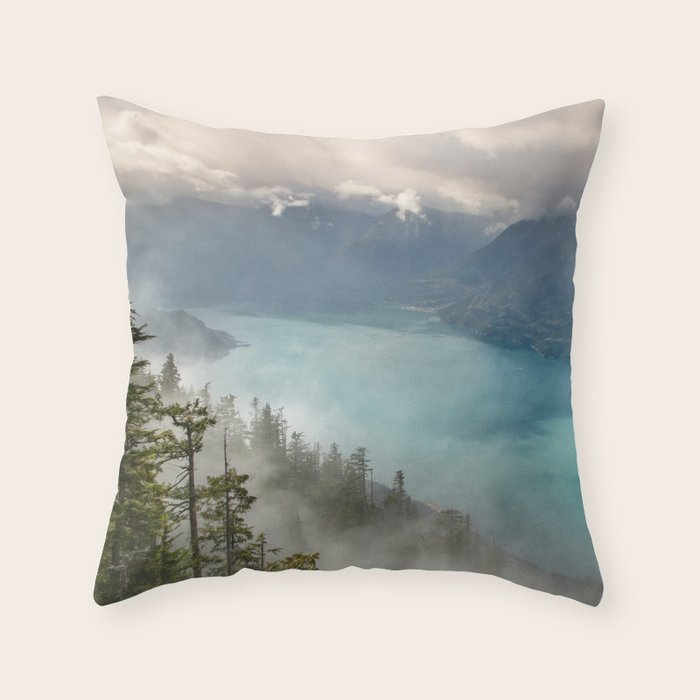 Morning sunshine over the clear mountain blue lake Throw Pillow Gallery Image 1