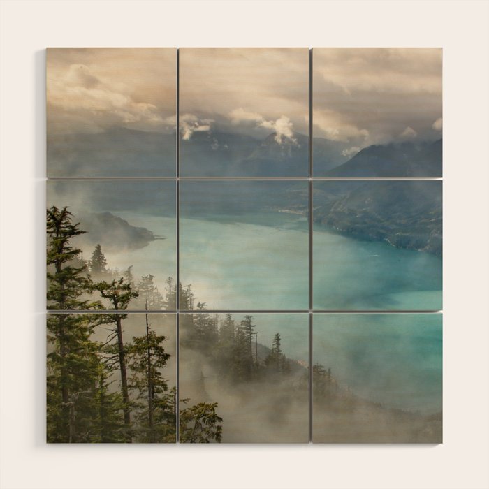 Morning sunshine over the clear mountain blue lake Wood Wall Art Gallery Image 1