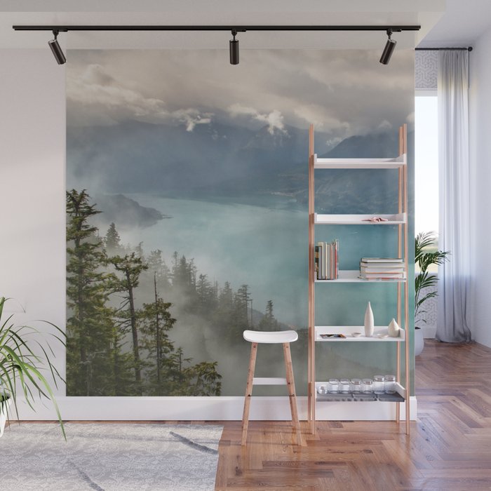 Morning sunshine over the clear mountain blue lake Wall Mural Gallery Image 1