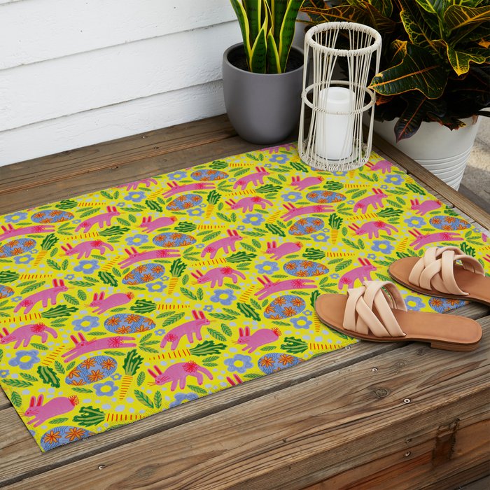 Cute Colorful Rabbits & Decorative Eggs in Yellow & Pink Outdoor Rug Gallery Image 2