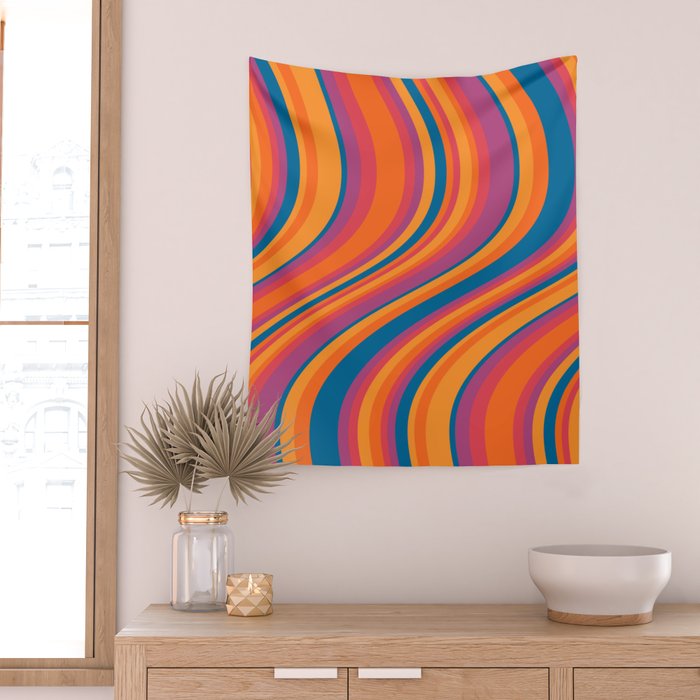 Wavy Stripes III - Retro Rainbow Wall Tapestry Gallery Image 2