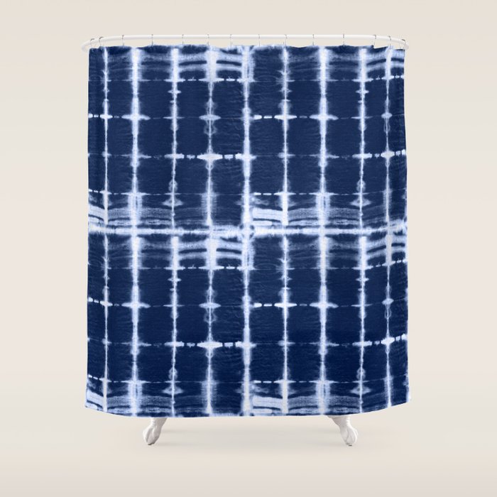 Shibori itajime indigo square pattern Shower Curtain Gallery Image 1