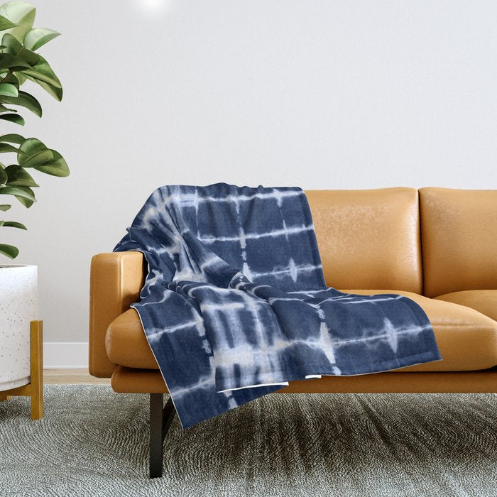 Shibori itajime indigo square pattern Throw Blanket Gallery Image 1