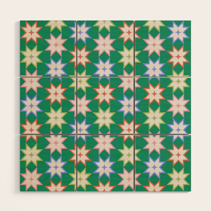 Festive Geometric Star Pattern on Green Wood Wall Art Gallery Image 1