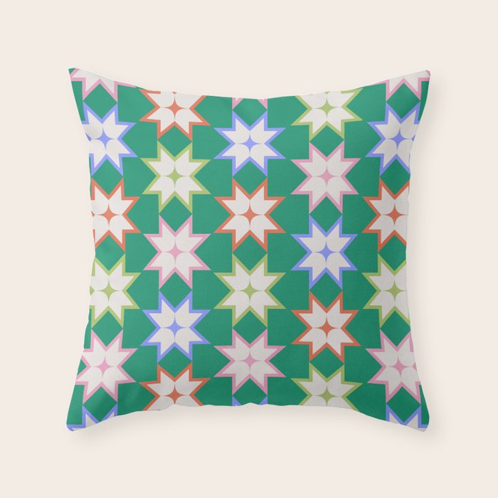 Festive Geometric Star Pattern on Green Throw Pillow Gallery Image 1