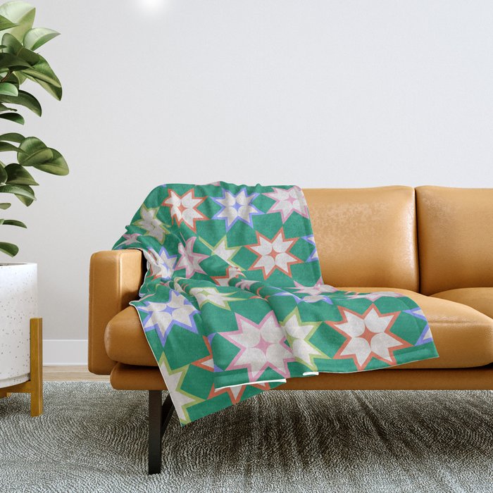 Festive Geometric Star Pattern on Green Throw Blanket Gallery Image 1