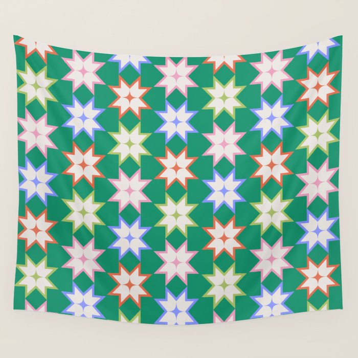 Festive Geometric Star Pattern on Green Wall Tapestry Gallery Image 1