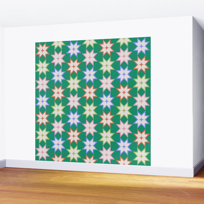 Festive Geometric Star Pattern on Green Wall Mural Gallery Image 2