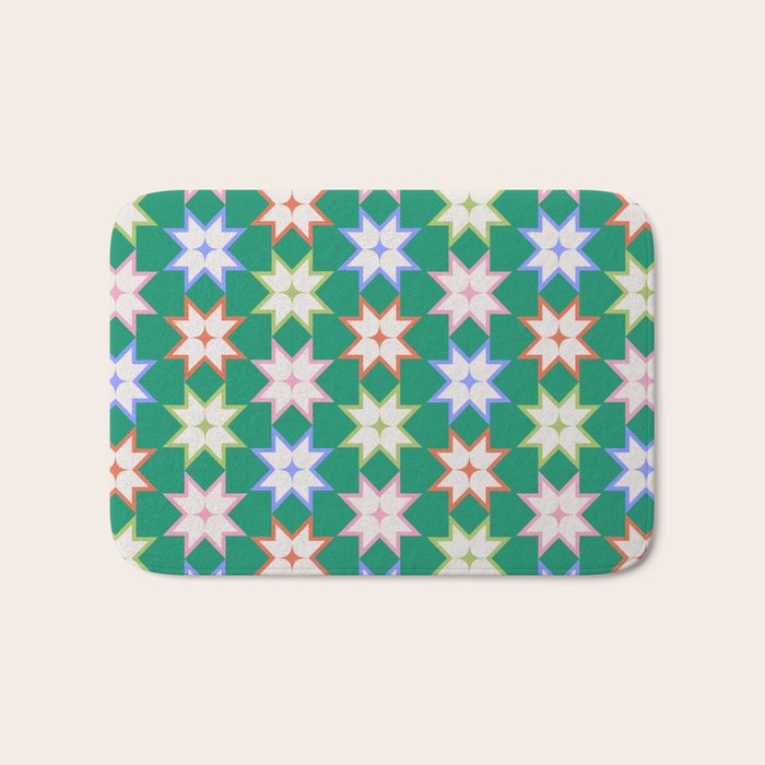 Festive Geometric Star Pattern on Green Bath Mat Gallery Image 1