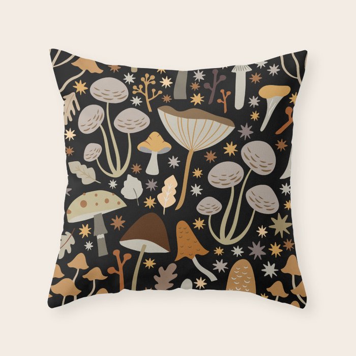 Forest Floor, Mushroom Art on Black Throw Pillow Gallery Image 1