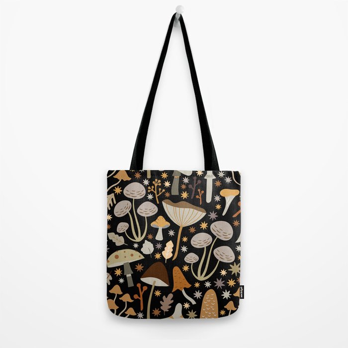 Forest Floor, Mushroom Art on Black Tote Bag Gallery Image 2
