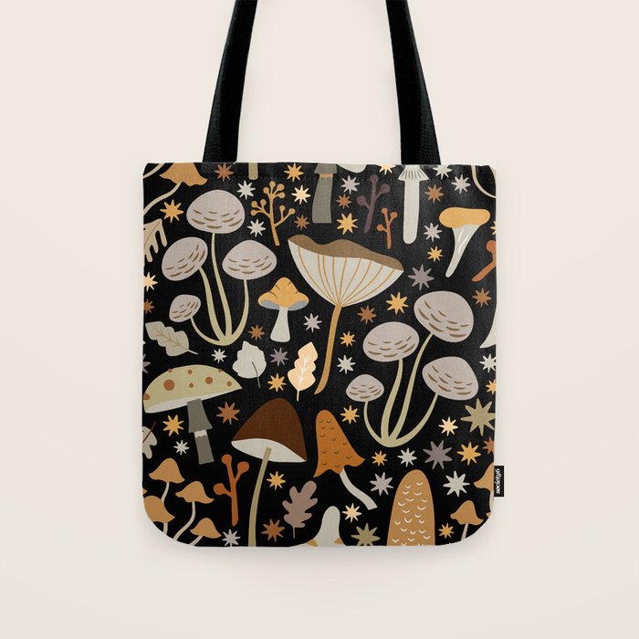 Forest Floor, Mushroom Art on Black Tote Bag Gallery Image 1
