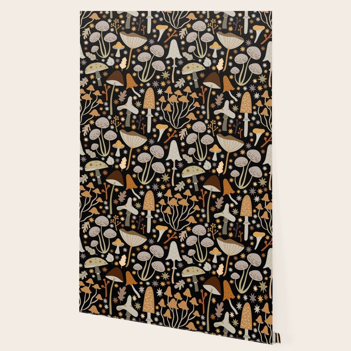 Forest Floor, Mushroom Art on Black Wallpaper Gallery Image 2