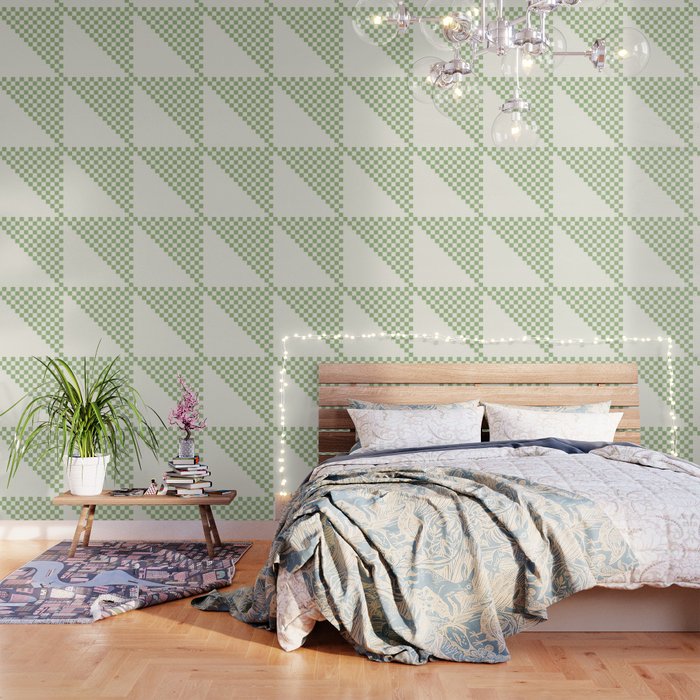 Checkerboard Half Diagonal Check Pattern in Light Sage Green and Cream Wallpaper Gallery Image 1