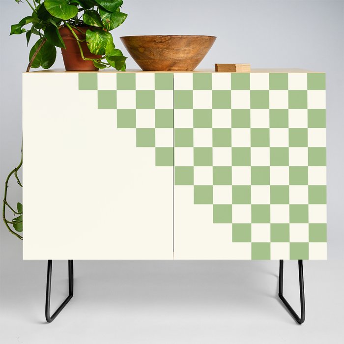 Checkerboard Half Diagonal Check Pattern in Light Sage Green and Cream Credenza Gallery Image 2
