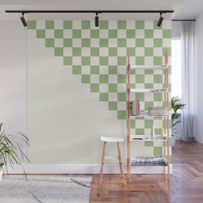 Checkerboard Half Diagonal Check Pattern in Light Sage Green and Cream Wall Mural Gallery Image 1