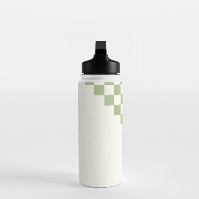 Checkerboard Half Diagonal Check Pattern in Light Sage Green and Cream Water Bottle Gallery Image 3