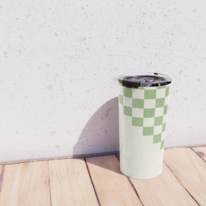 Checkerboard Half Diagonal Check Pattern in Light Sage Green and Cream Travel Mug Gallery Image 4