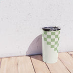 Checkerboard Half Diagonal Check Pattern in Light Sage Green and Cream Travel Mug Gallery Image 4