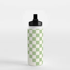 Checkerboard Half Diagonal Check Pattern in Light Sage Green and Cream Water Bottle Gallery Image 2