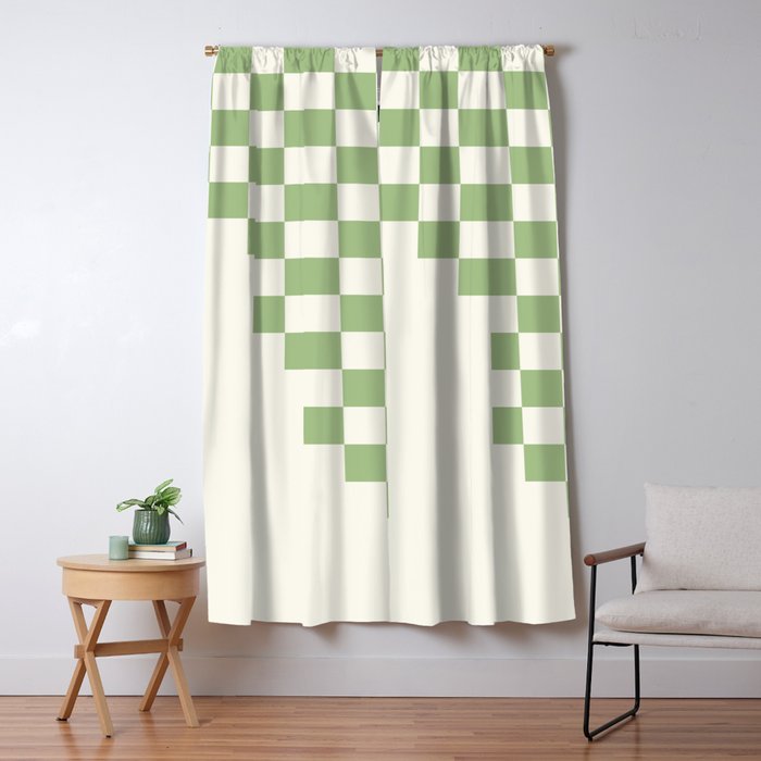 Checkerboard Half Diagonal Check Pattern in Light Sage Green and Cream Window Curtain Gallery Image 1