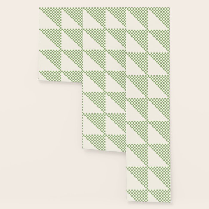 Checkerboard Half Diagonal Check Pattern in Light Sage Green and Cream Wallpaper Gallery Image 3