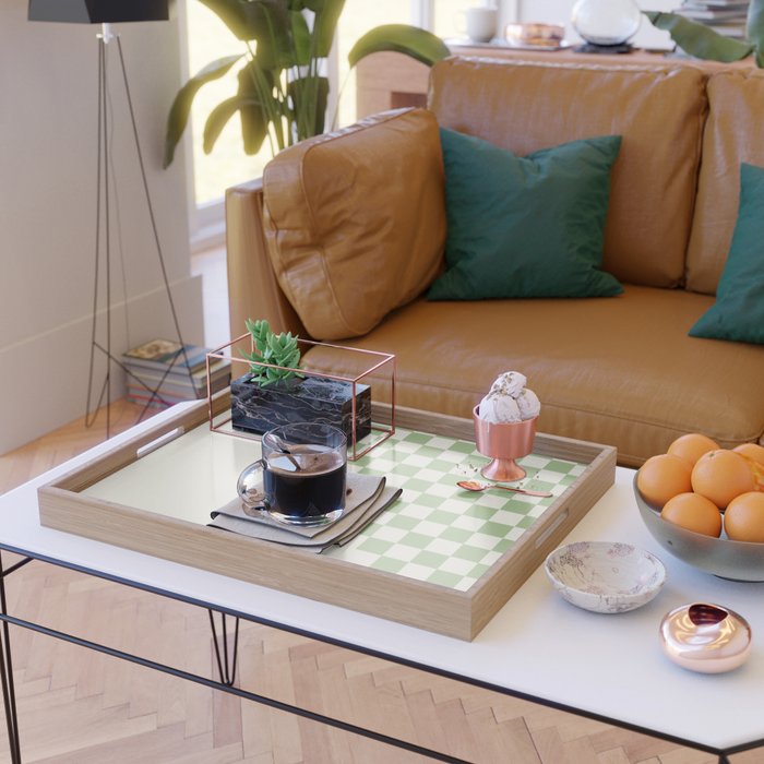 Checkerboard Half Diagonal Check Pattern in Light Sage Green and Cream Serving Tray Gallery Image 2