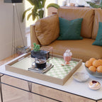 Checkerboard Half Diagonal Check Pattern in Light Sage Green and Cream Serving Tray Gallery Image 2