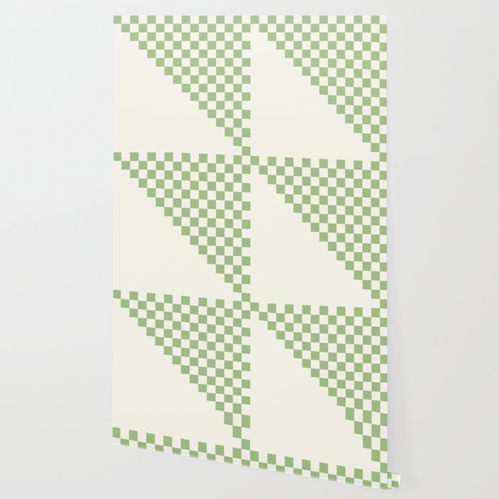 Checkerboard Half Diagonal Check Pattern in Light Sage Green and Cream Wallpaper Gallery Image 2