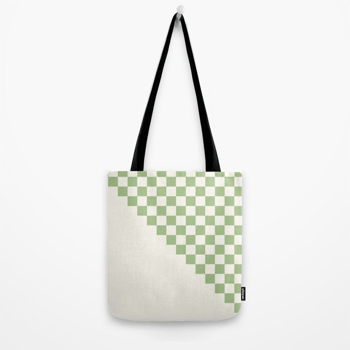 Checkerboard Half Diagonal Check Pattern in Light Sage Green and Cream Tote Bag Gallery Image 2