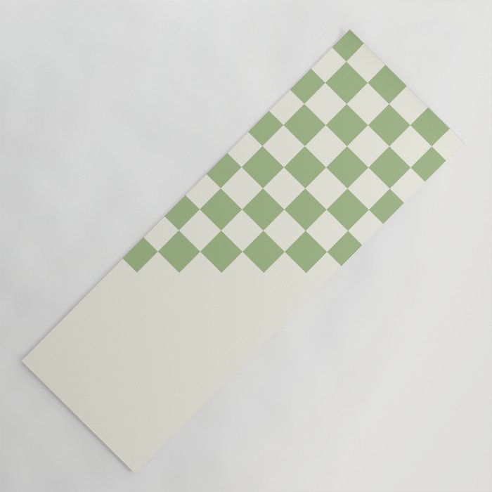 Checkerboard Half Diagonal Check Pattern in Light Sage Green and Cream Yoga Mat Gallery Image 1