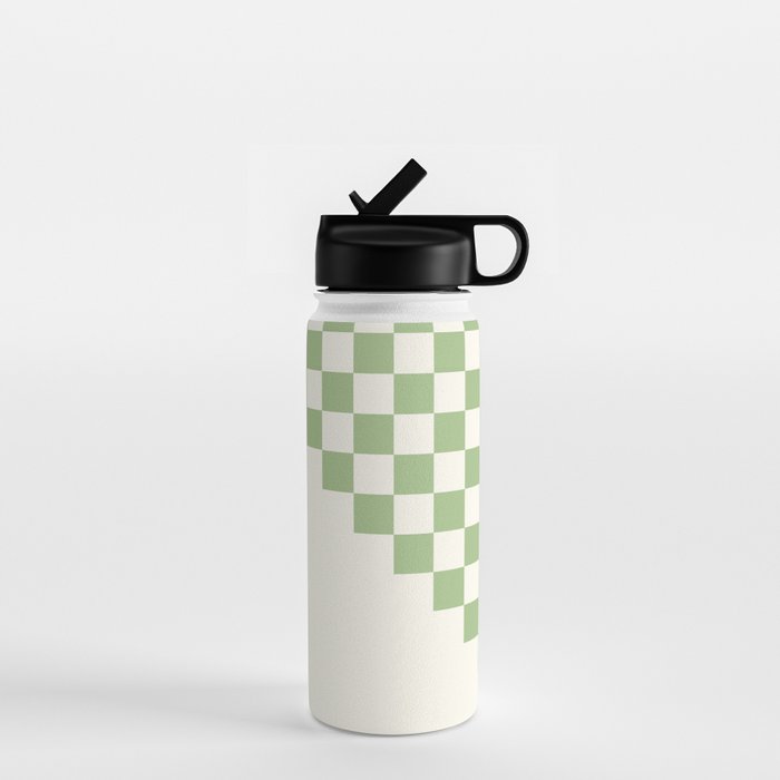 Checkerboard Half Diagonal Check Pattern in Light Sage Green and Cream Water Bottle Gallery Image 1