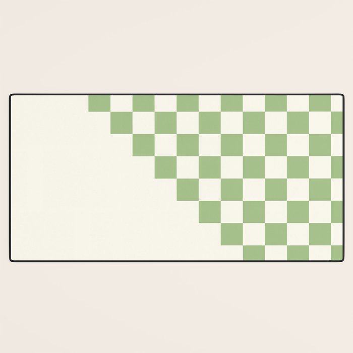 Checkerboard Half Diagonal Check Pattern in Light Sage Green and Cream Desk Mat Gallery Image 3