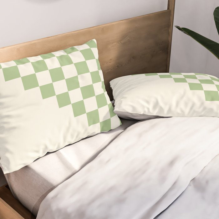 Checkerboard Half Diagonal Check Pattern in Light Sage Green and Cream Pillow Sham Gallery Image 2