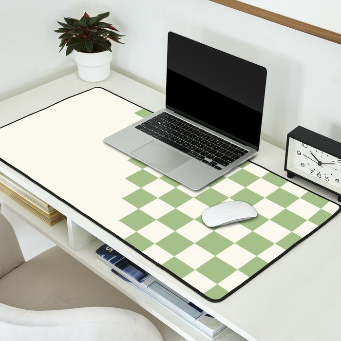 Checkerboard Half Diagonal Check Pattern in Light Sage Green and Cream Desk Mat Gallery Image 2