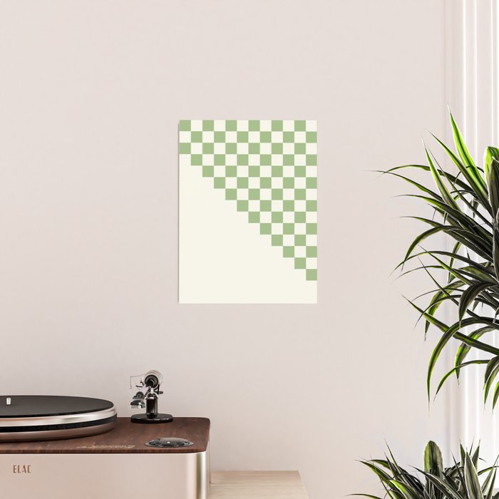 Checkerboard Half Diagonal Check Pattern in Light Sage Green and Cream Poster Gallery Image 2