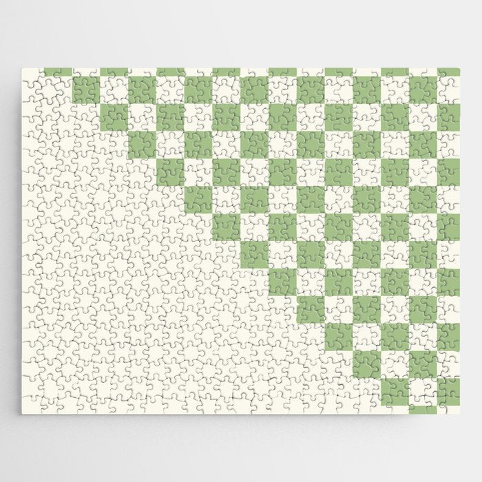 Checkerboard Half Diagonal Check Pattern in Light Sage Green and Cream Jigsaw Puzzle Gallery Image 1
