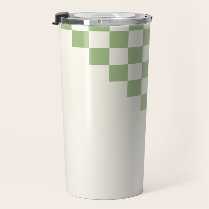 Checkerboard Half Diagonal Check Pattern in Light Sage Green and Cream Travel Mug Gallery Image 3