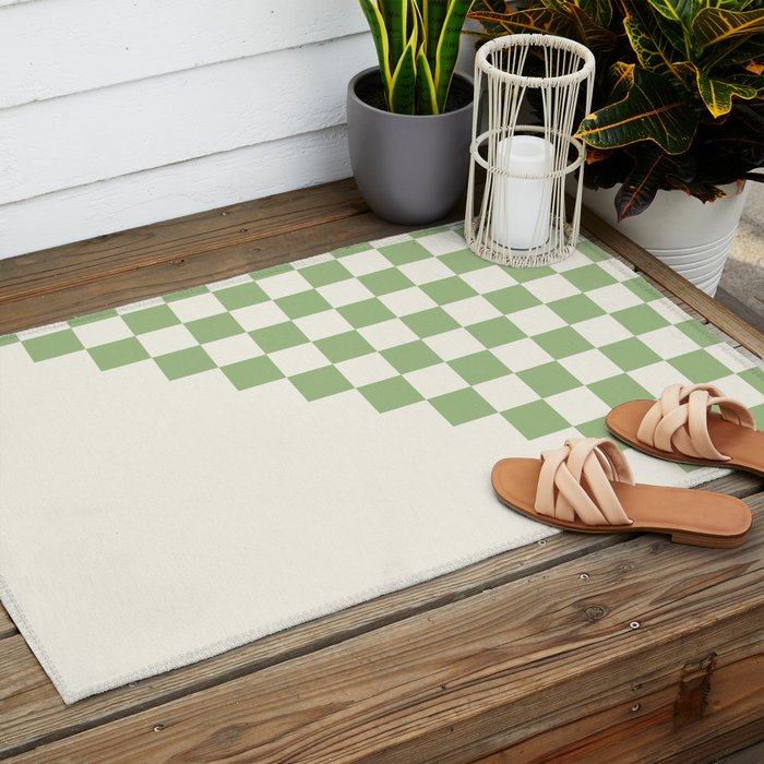 Checkerboard Half Diagonal Check Pattern in Light Sage Green and Cream Outdoor Rug Gallery Image 2