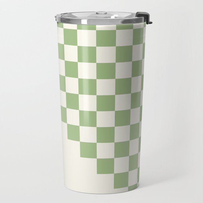 Checkerboard Half Diagonal Check Pattern in Light Sage Green and Cream Travel Mug Gallery Image 2