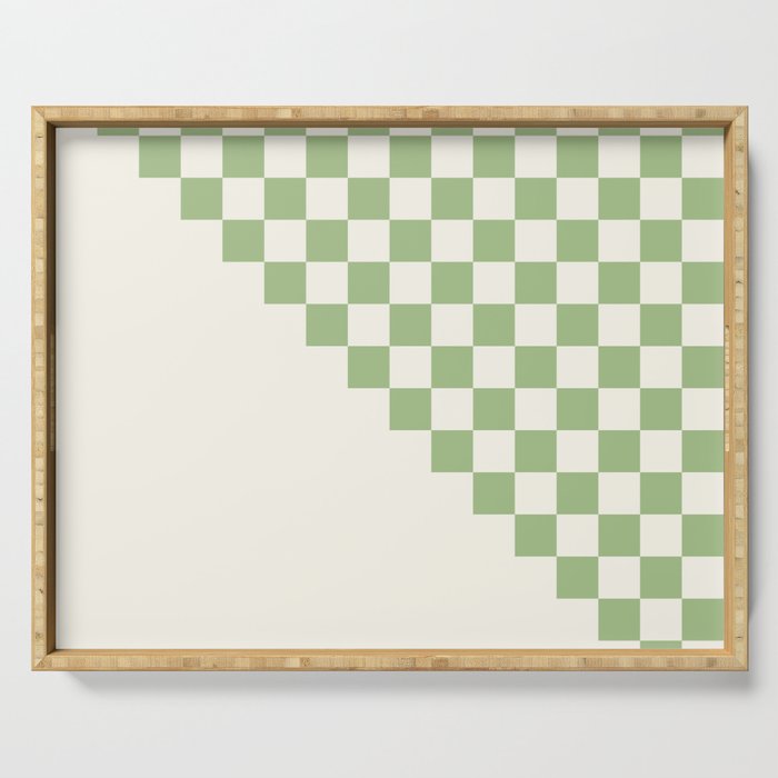 Checkerboard Half Diagonal Check Pattern in Light Sage Green and Cream Serving Tray Gallery Image 1