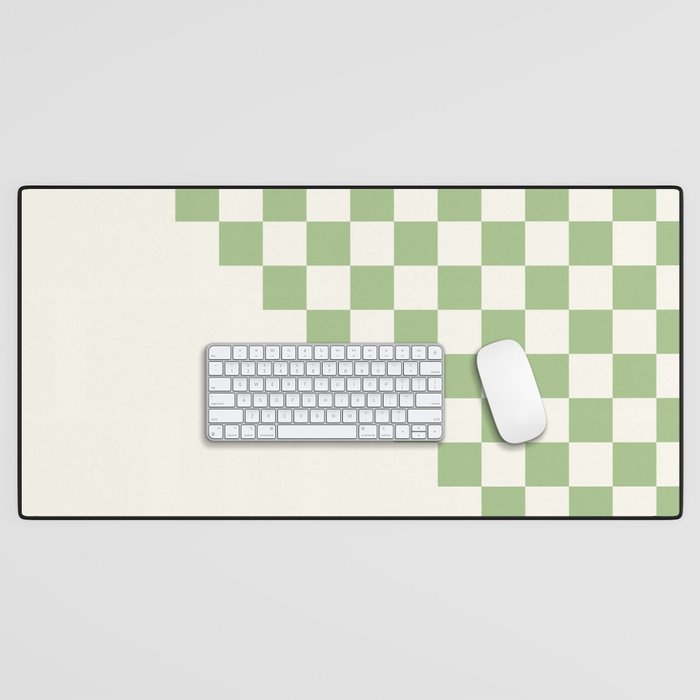 Checkerboard Half Diagonal Check Pattern in Light Sage Green and Cream Desk Mat Gallery Image 1