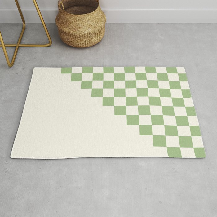 Checkerboard Half Diagonal Check Pattern in Light Sage Green and Cream Rug Gallery Image 1