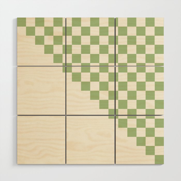 Checkerboard Half Diagonal Check Pattern in Light Sage Green and Cream Wood Wall Art Gallery Image 1