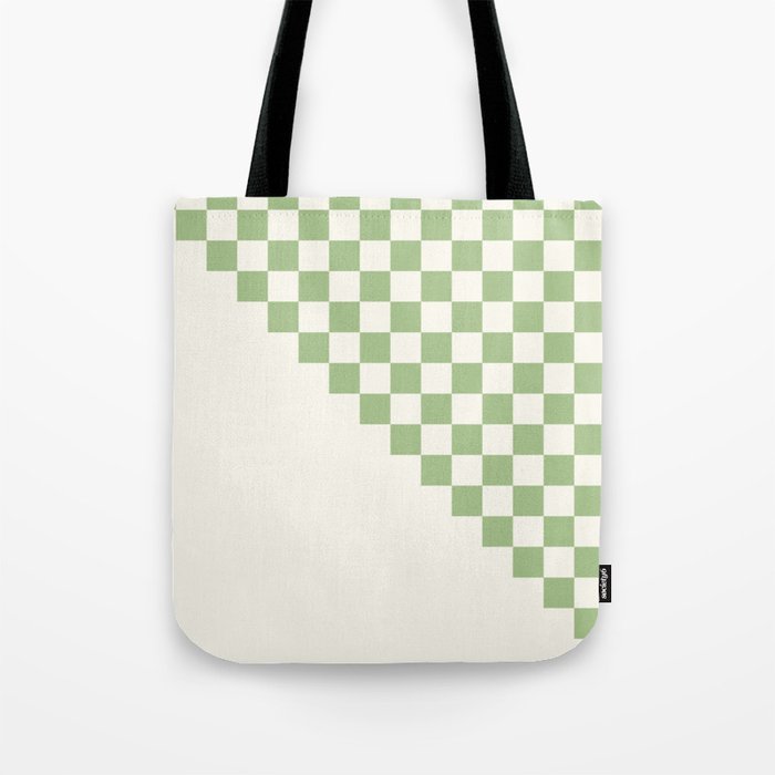 Checkerboard Half Diagonal Check Pattern in Light Sage Green and Cream Tote Bag Gallery Image 1