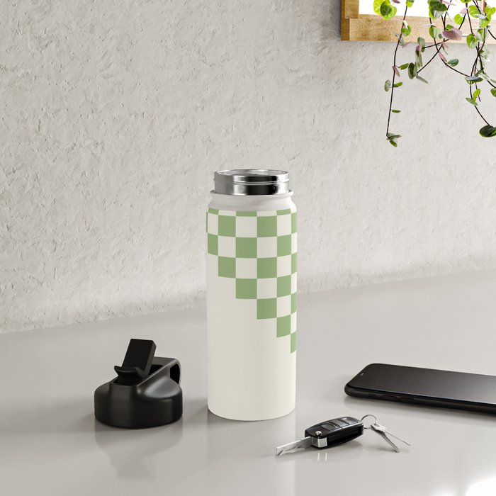 Checkerboard Half Diagonal Check Pattern in Light Sage Green and Cream Water Bottle Gallery Image 4