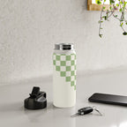 Checkerboard Half Diagonal Check Pattern in Light Sage Green and Cream Water Bottle Gallery Image 4