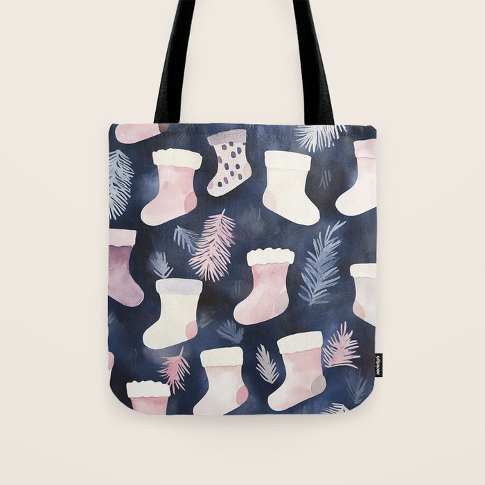 Pink Blue Winter Christmas Holiday Stockings Watercolor Illustration Tote Bag Gallery Image 1